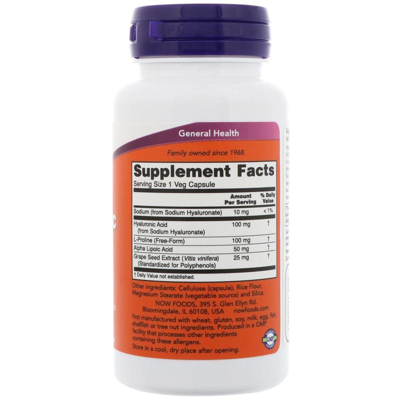 Now Foods Hyaluronic Acid 100 mg with Alpha Lipoic Acid 60 vcaps - фото 1